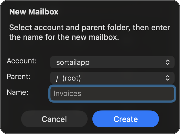 Create new mailbox dialog