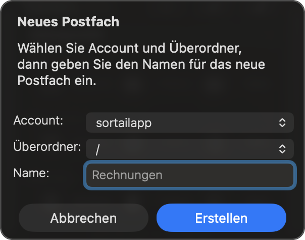 Dialog zum Erstellen eines neuen Postfachs