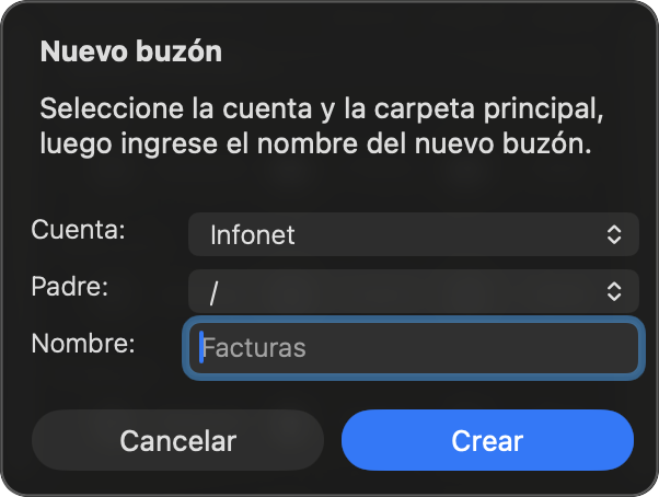 Diálogo para crear nuevo buzón