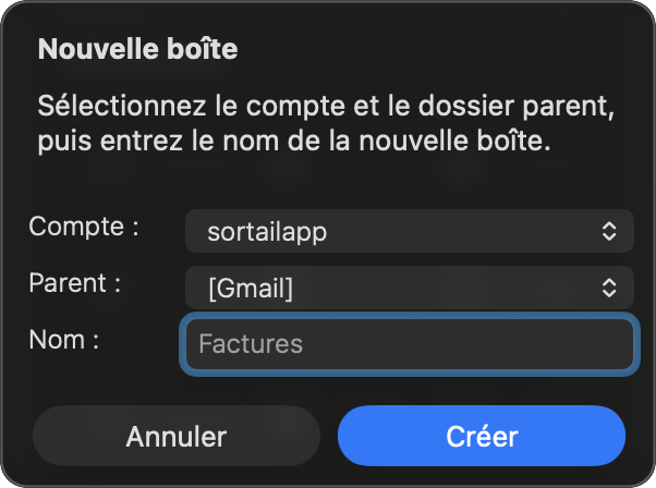Boîte de dialogue de création de boîte aux lettres