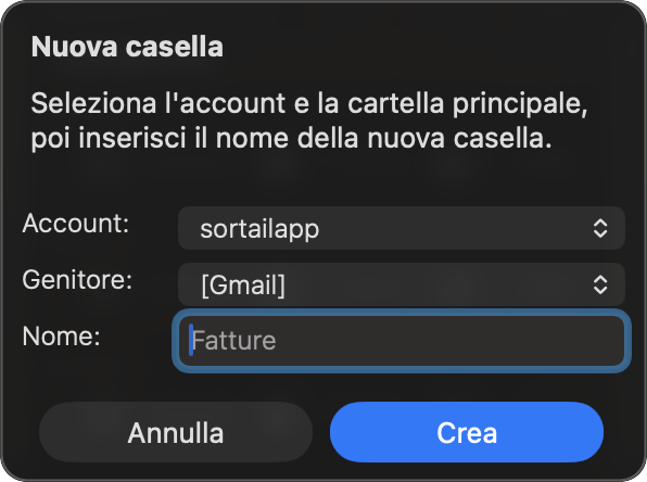 Dialogo di creazione nuova casella postale