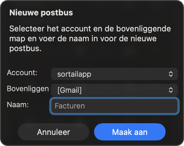 Dialoogvenster voor nieuwe mailbox