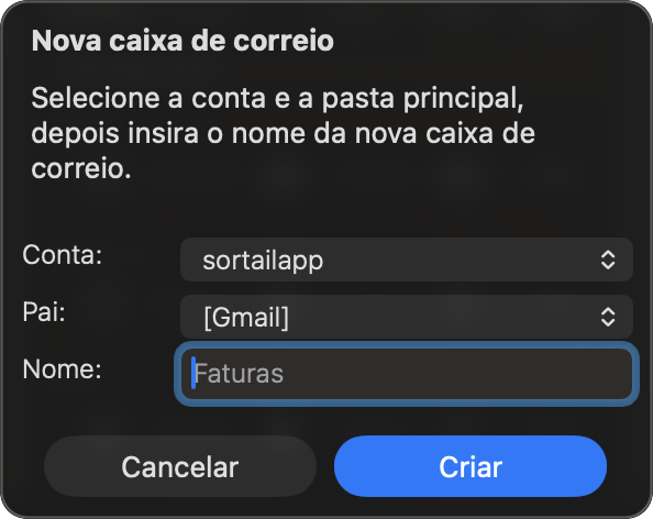 Diálogo para criar nova caixa de correio