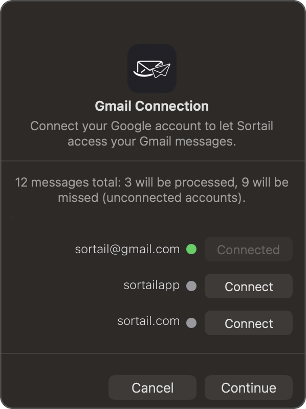 Gmail Connection panel