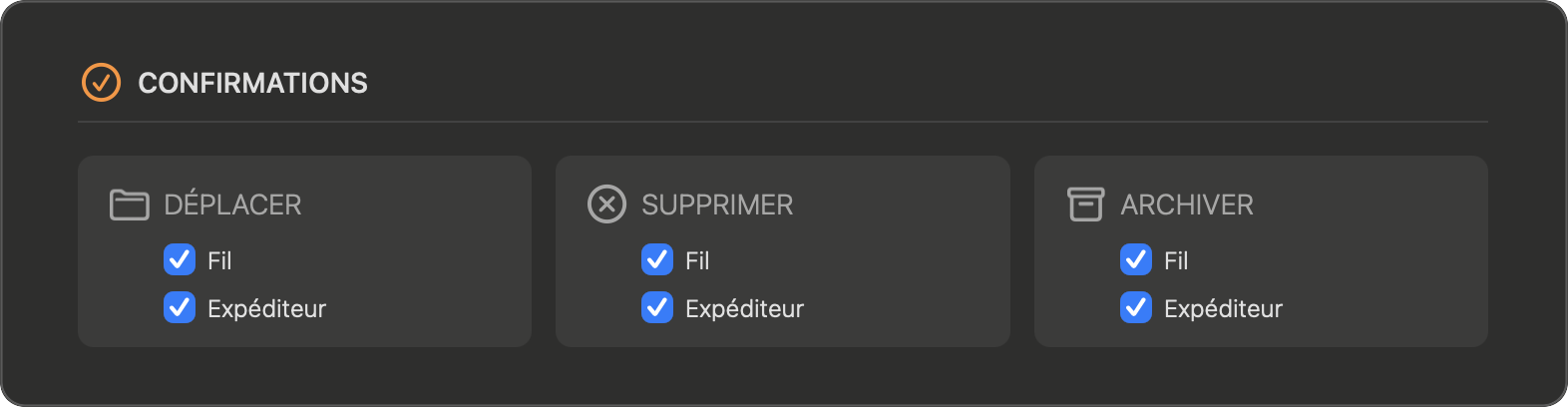 Réglages — Confirmations