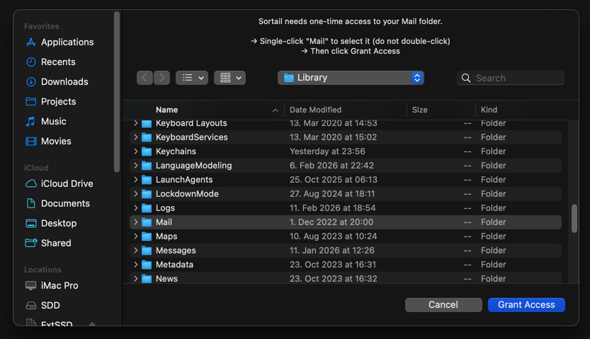 Mail Folder Access dialog